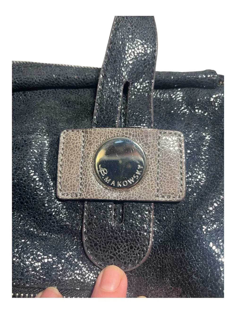 B. Makowsky Black Crackle Shimmer Genuine Leather Hobo Shoulder Bag | Y2K